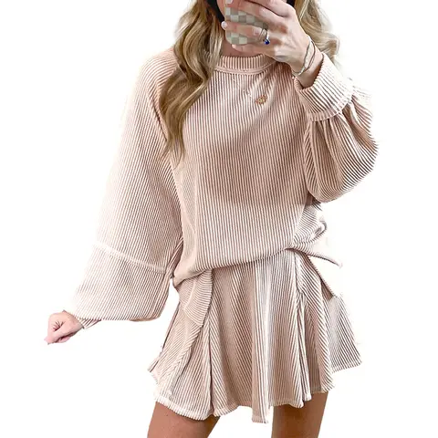 Mntaor Womens Winteroutfit Jet Stream Corded Lantern Sleeve Top High Waist Ruffled Mini Skirt Set - Ruffled Mini Skirt, Fashionable Design, Womenswear