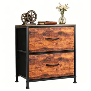 Small Dresser with 2 Drawers – Nightstand with Wooden Top & Fabric Bins, Bedside Table End Table for Bedroom, Closet, Dorm, Living Room, Entryway – Sturdy Metal Frame, Adjustable Feet