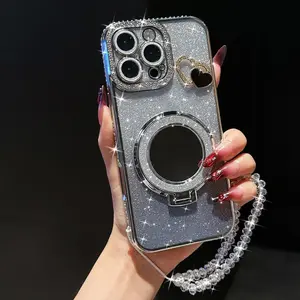 Sparkling Mirror Stand with Bracelet Anti-Drop Shockproof Protector Phone Case for iPhone 17 Pro Max 16 15 14 13 12 11, Stylish Protective Cover