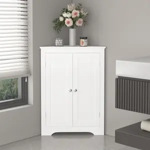White Freestanding Narrow Width Corner Cupboard - 25kg Engineered MDF Storage Unit, Modern Credenza Cabinet, Sideboard Buffet Cabinet, 2 Beadboard-Look Doors, Adjustable Shelf, Multifunctional Organizer for Kitchen, Bathroom