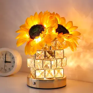 Sunflower Crystal Table Lamp, Rechargeable Wireless Sunflower Light, Adjustable 3 Color Dimmable Flower Lamp, Romantic LED Diamond Lamp, Dimmable Nightlight