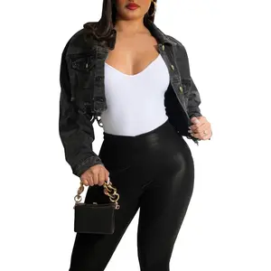 Women's Crop Top Jean Jacket Button Down Long Sleeve Cropped Denim Jacket Coat