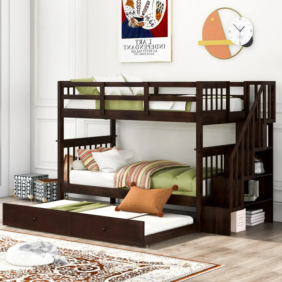 Twin Over Twin Bunk Bed with Stairs and Twin size Trundle for Bedroom, Dorm, Adults, Stairway Bunk Bed Wood Frame, Espresso
