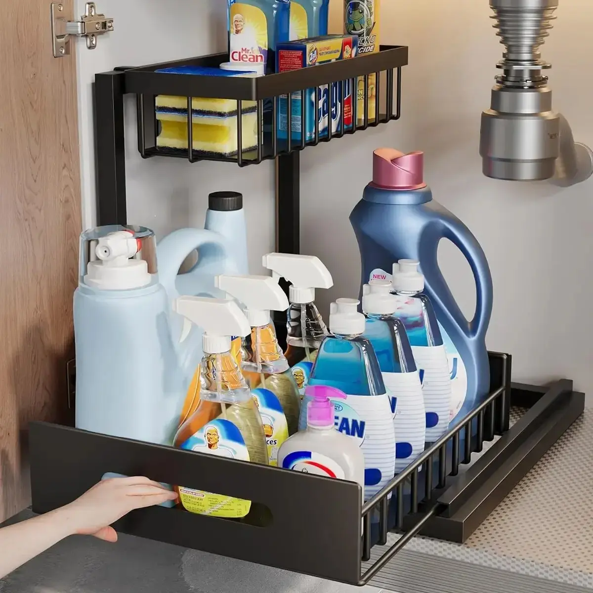 L-Shape Under Sink Organiser, 2-Tier Premium Metal Pull-Out Storage Rack with Sliding Drawer, Heavy Duty Cabinet Organiser for Kitchen & Bathroom