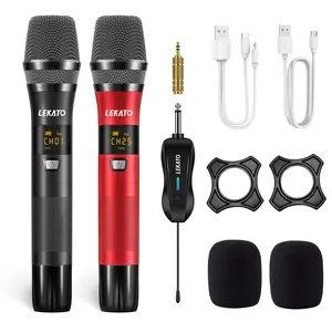 LEKATO Rechargeable Microphone UHF Dual Microphones, Metal Dual Wireless Dynamic Microphone System Set, Wireless Microphone with Rechargeable Receiver for Speaking, Karaoke Singing, Speech, Wedding, For Music Lovers Girls Boys Friends Gift
