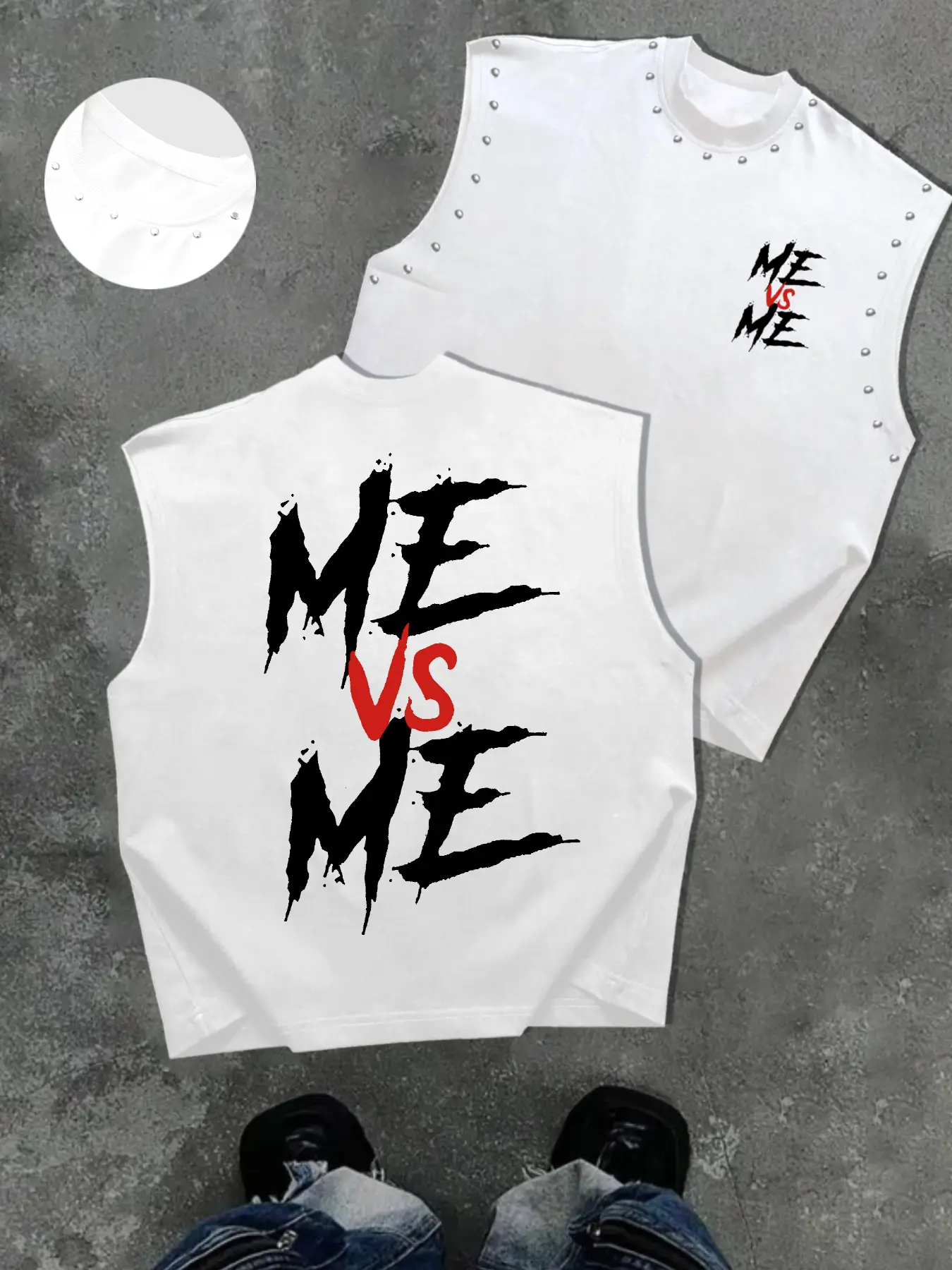 Men's Casual Sleeveless T-Shirt, Comfortable Me Vs Me Graphic Streetwear Tank Top, Trendy Design Top, Menswear, Round Neck, Casual Style Tee