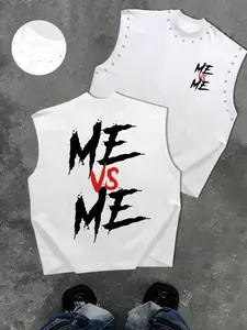 Men's Casual Sleeveless T-Shirt, Comfortable Fabric, Streetwear Style, Young Men's Favorite, Me Vs Me Print, Trendy Design