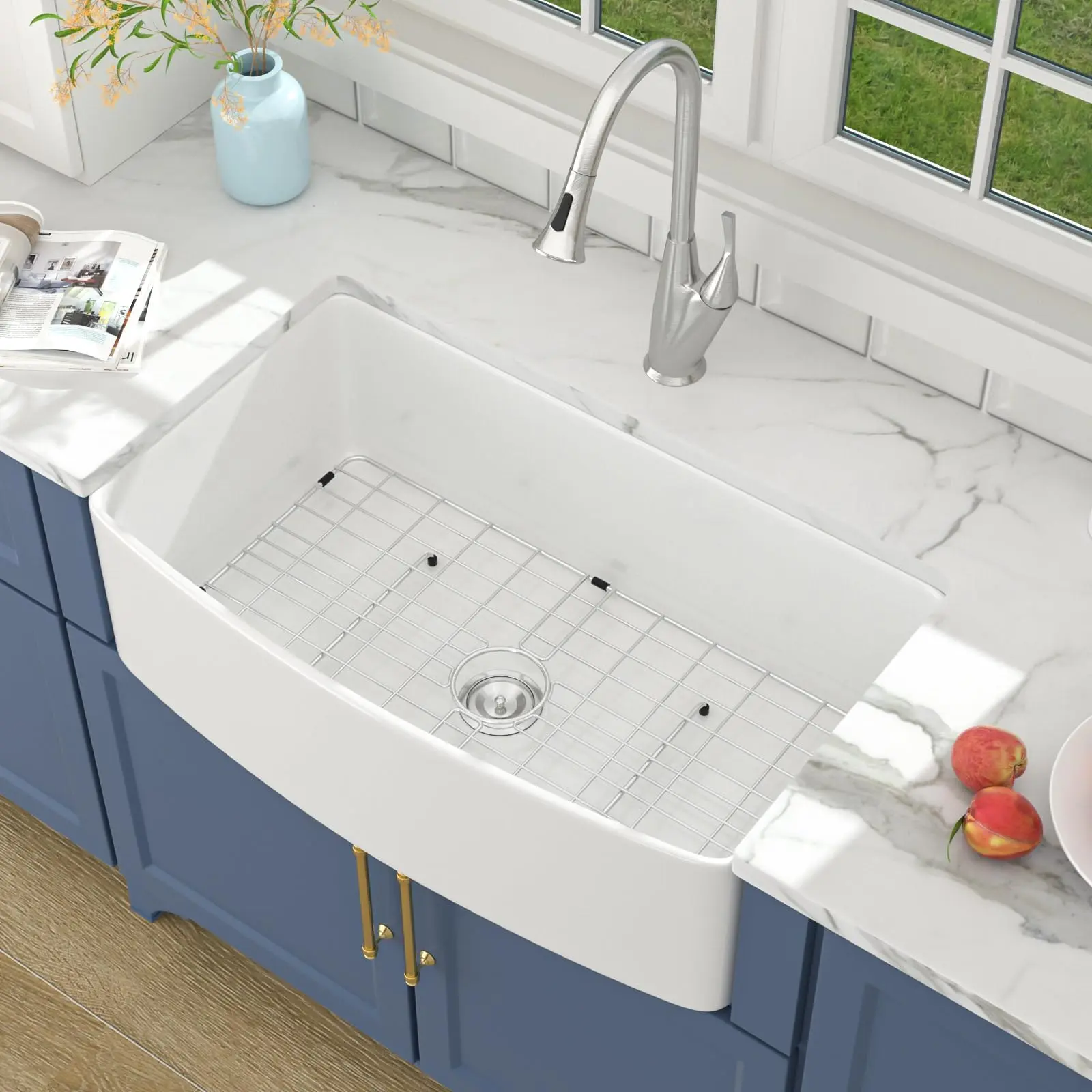 Lordear 33x19x10 In Rectangle Farmhouse Apron Front Single Bowl Kitchen Sink, Durable Fireclay Porcelain Ceramic Basin with 3.5 Inch Standard Draining Hole & Basket Strainer
