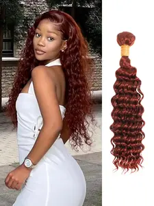AUROO Reddish Brown Deep Wave 100% Human Hair Bundles, Thick Track Auburn Copper Red Colored Deep Wave Single Bundles Human Hair 12A Weave Curly Bundles 100% Virgin Remy 3 Bundles
