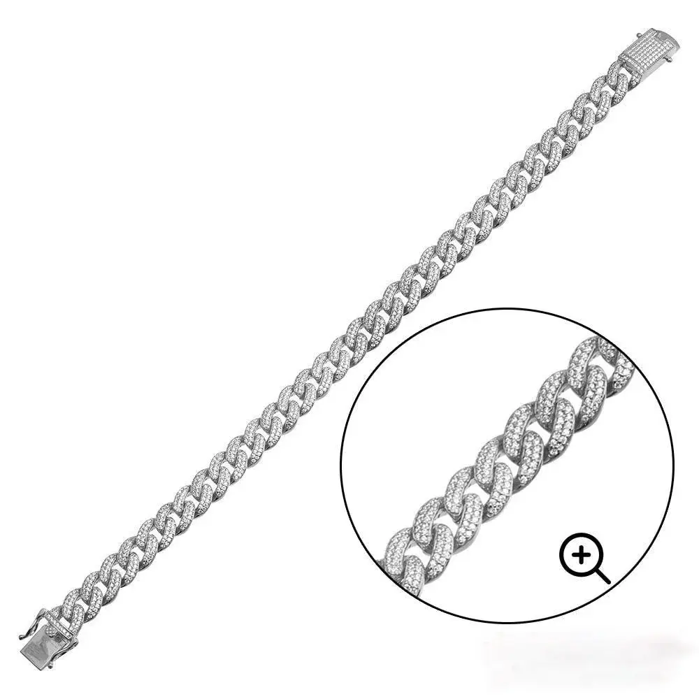 Rhodium Plated 925 Sterling Silver Moissanite Miami Cuban 9.5mm Bracelet or Necklace