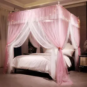 4 Corners Post Ruffle Princess Bed Canopy Curtain Double Layer Cozy Drape Netting 4 Opening Mosquito Net for Girls Adults Bedroom Decoration Pink/Whtie 53" W*78" L*82" H(Full)