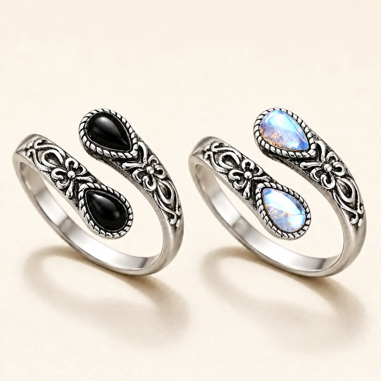 YLNWH Vintage Floral Open Ring for Women, Adjustable Silver-Tone Wrap Ring with Teardrop Opal or Black Stone, Boho Statement Jewelry Gift