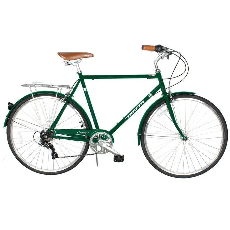 Tracer Men's 700c Classic Cruiser Bike, 58cm Steel Frame City Commuter with 7-Speed Gears, Wide City Wheels, and Foam Grips, Matte Green, Coil Spring Saddle, City Commuter Bike