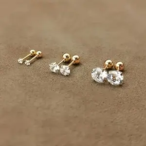 1-Pair/3-Pairs Set 18K Gold Plated Stainless Steel Simple Style Round Ball Twisted 4-Prong Cubic Zirconia Stud Earrings