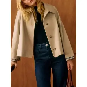 Women’s Single-Breasted Short Trench Coat, Plaid Interior, Turn-Down Collar, Loose Fit, Windbreaker, 2025 Cotton Fabric, Casual Women’s Wear