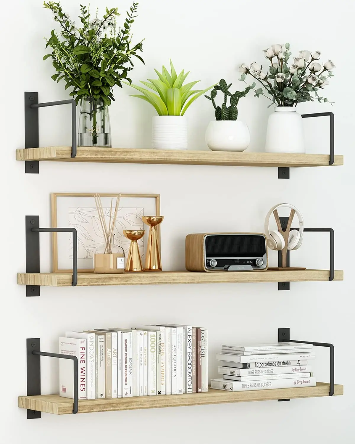 Floating Shelves, 24 Inches, Easy to Install, Wall Mounted, Set of 3, Rustic  for Decor, Storage for Living Room, Bathroom, Bedroom
