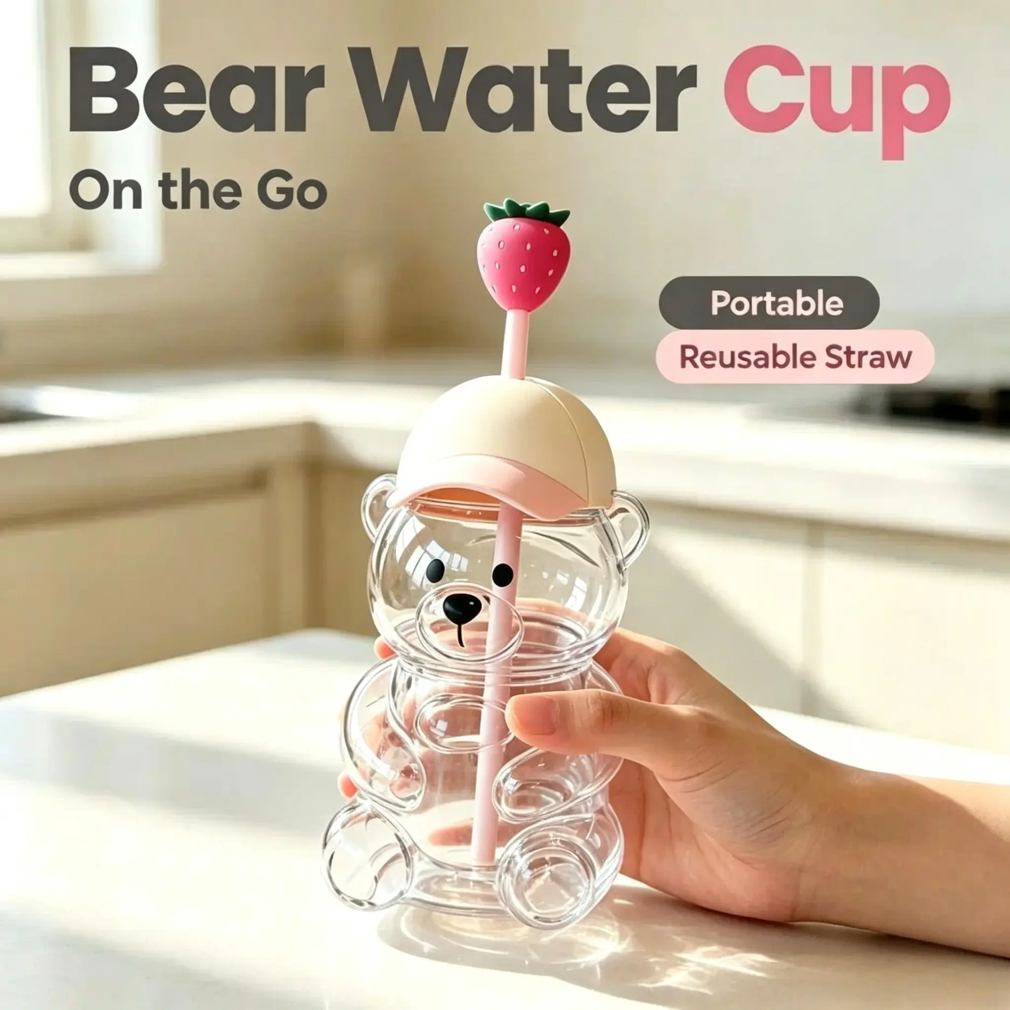Cute Beaar Glass Tumbler with Bear Lid & Strawberry Straw, Holiday Teddy Bear Cup，20oz Reusable Aesthetic Teddy Bear Cup for Iced Coffee, Boba Milk Tea, Matcha, Juice, Smoothies & Cold Drinks, Dishwasher Safe