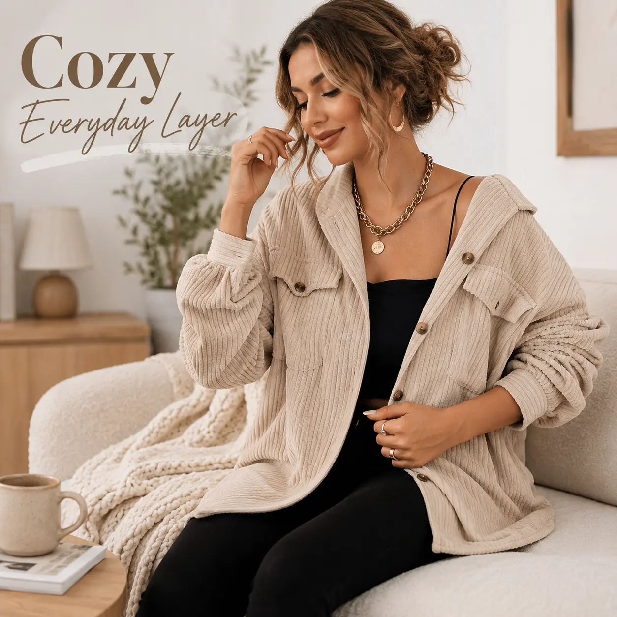 Women’s Basic Casual Oversized Short Beige Corduroy Shacket - Long Sleeve Lightweight Button-Front Crop Coat, Collared Neck, Ribbed Soft Fabric, Chest Pocket, Simple Style for Brunch & Everyday Outfits
