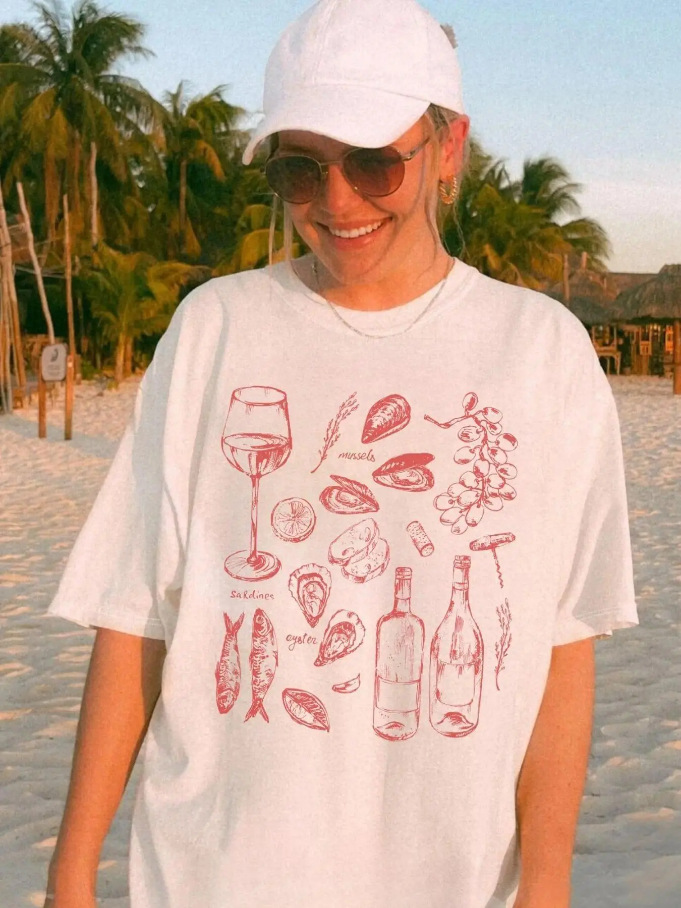 Women's Short-Sleeve Printed Seafood Wine Graphic T-Shirt - Vintage Fashion Fabric Lady Top, Casual Charcuterie Retro Food Lover Tee, Aesthetic Coastal Summer Apparel, Unique Gift