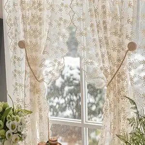 Boho Style Lace Curtain Door Panel, Pearl Embellished Half-Transparent Partition Drapery, Floral Pattern Decorative Window Covering