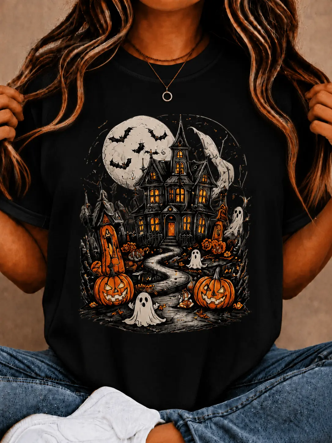 Women’s Plus Size Haunted House Graphic T-Shirt, Ghost Pumpkin Bat Moon Print Cotton Short Sleeve Tee, Casual Loose Fit Halloween Top