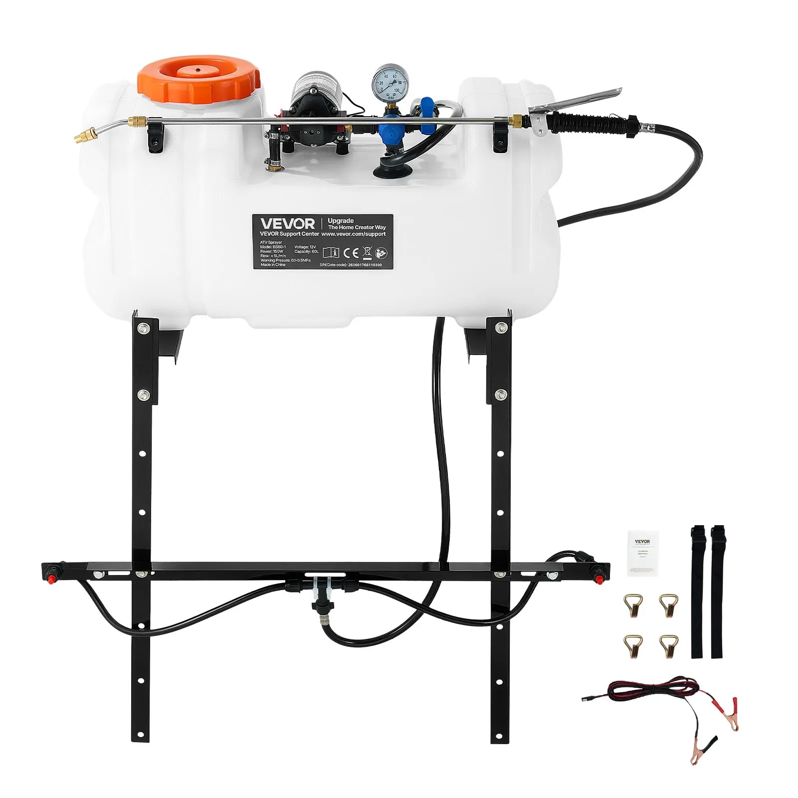 VEVOR 12V ATV/UTV Broadcast Water Spray Sprayer, 15.9 Gal Capacity (60L), 1.9 GPM Flow Rate, 0-72 Adjustable PSI, Brass Nozzle, Boom, Water Tank, 20 ft Hose, White for Outdoor Garden Weed Control