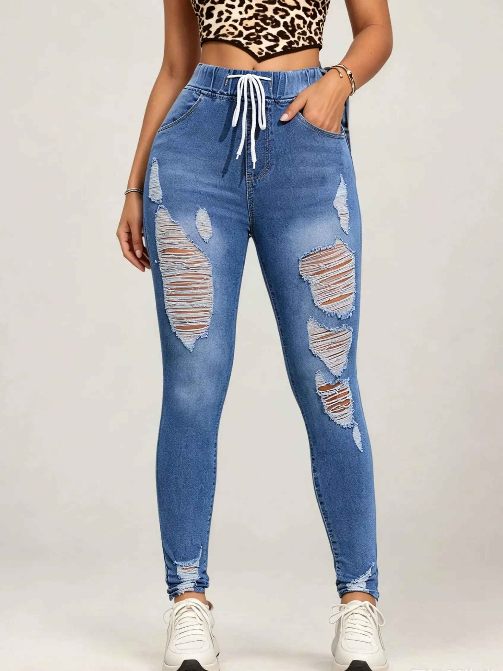 Drawstring Elastic Waist Light Blue Gradient Multi Shredded Rip Ankle Skinny Denim Jogger Jeggings