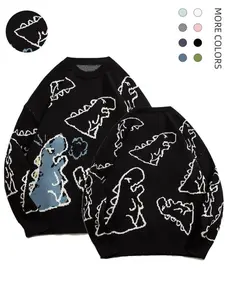 Unisex sweater, classic fashion print round neck long sleeve dinosaur sweater, loose and soft round neck pullover for autumn and winter