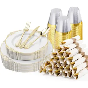 Bestluck 175PCS Gold Plastic Plates for 25 Guests, Disposable Dinnerware Sets Include 50 Gold Rim Plastic Plates, 25 Silverwares, 25 Cups, and 25 Pre Rolled Napkins for Party, Wedding and Graduation