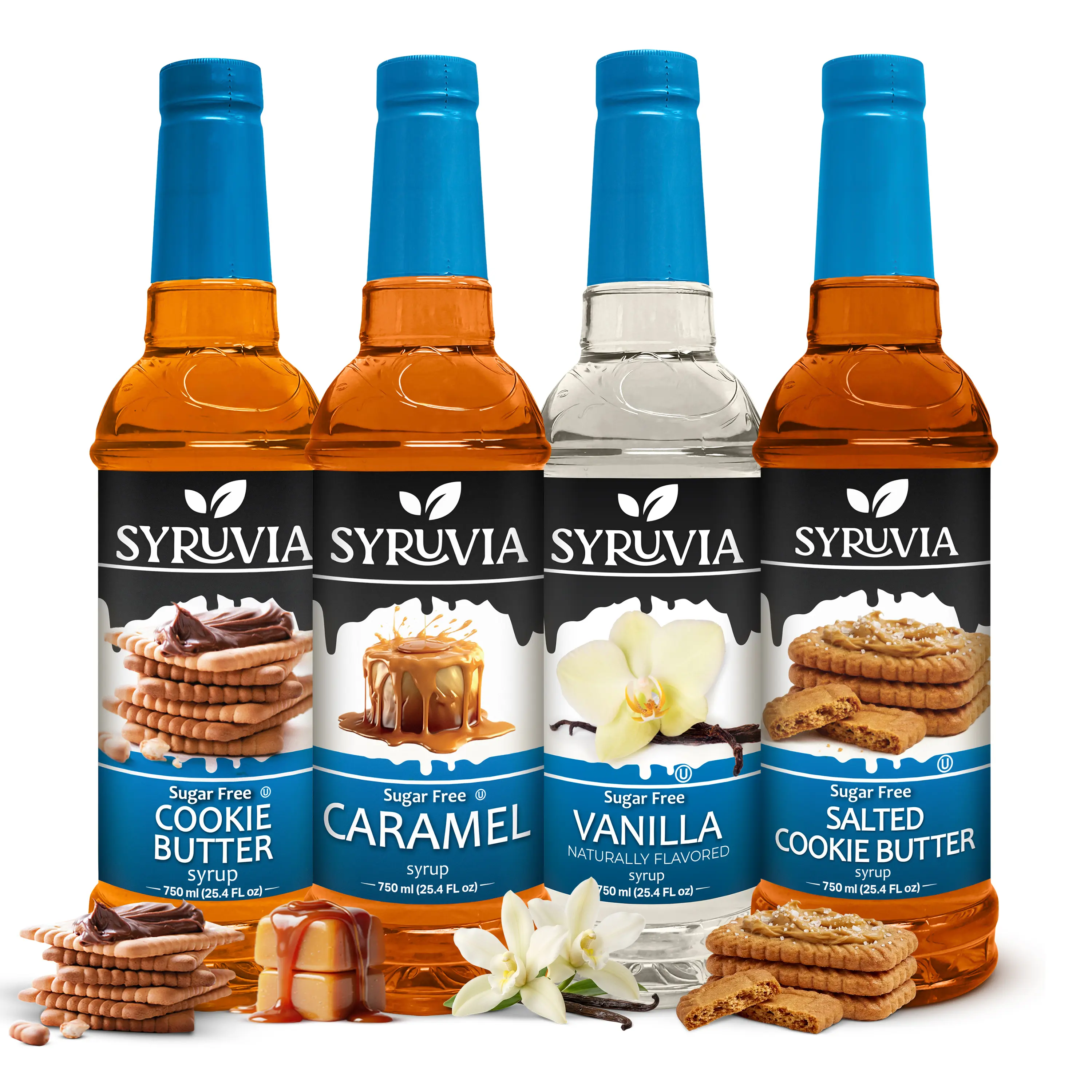 Syruvia Sugar Free Sweet Coffee Syrup Variety Pack - 4-Pack Vanilla Syrups & Concentrates, Cookie Butter, Caramel, Salted Cookie Butter - Gluten-Free, Kosher, 25.4 fl oz - Café-Style for Beverages, Low Sugar Desserts
