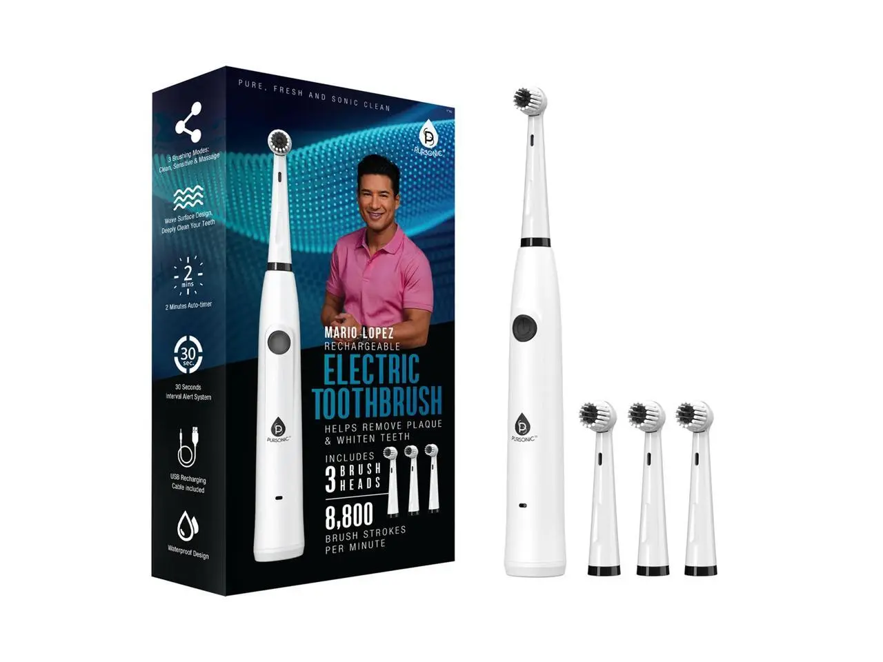 Pursonic Mario Lopez Rechargeable USB Electric Toothbrush with 3 Brush Heads in White