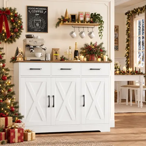 【Fall Deals For You】HOSTACK Modern Storage Cabinet, Kitchen Buffet Sideboard with 3 Drawers for Cutlery, Coffee Bar Cabinet, Christmas Gift, Home essentials