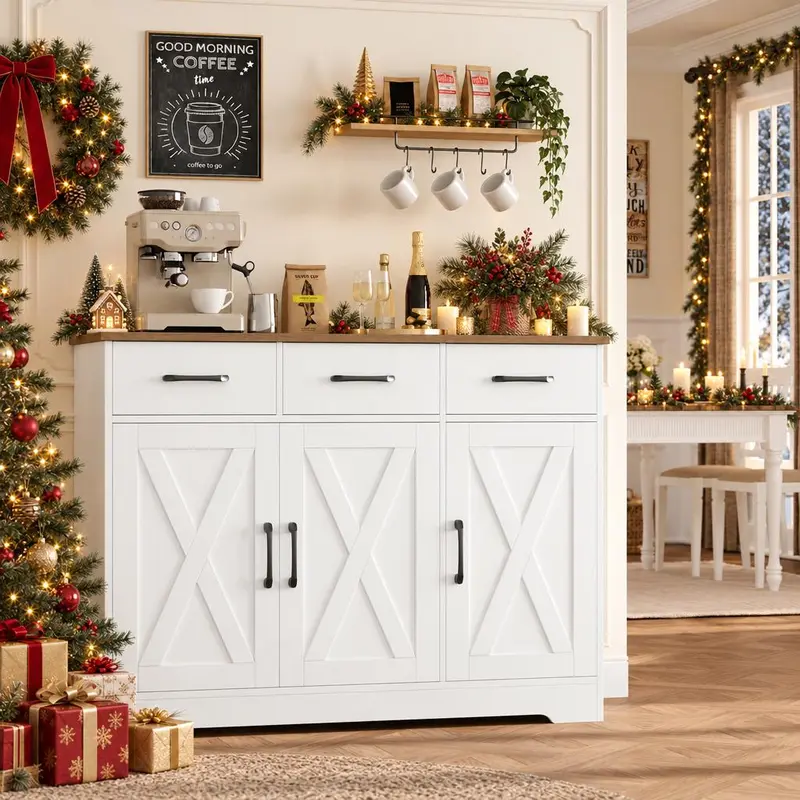 【Fall Deals For You】HOSTACK Modern Storage Cabinet, Kitchen Buffet Sideboard with 3 Drawers for Cutlery, Coffee Bar Cabinet, Christmas Gift, Home essentials