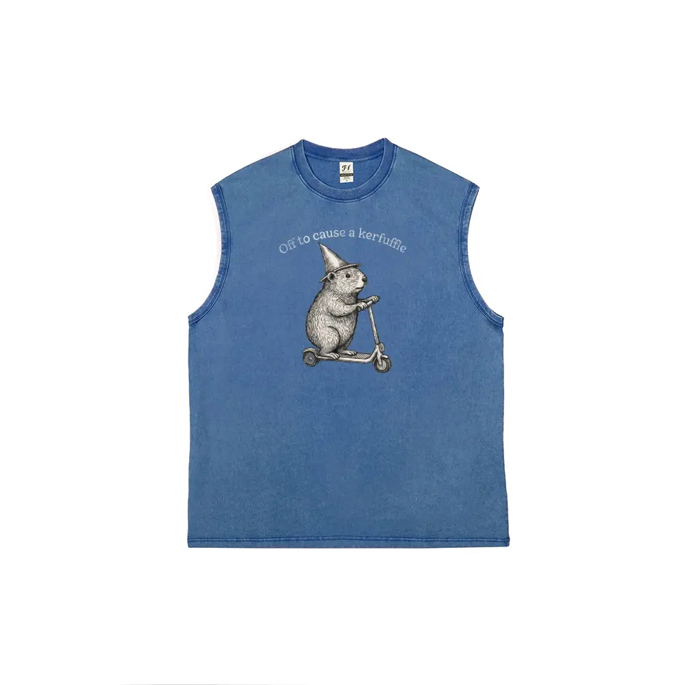 Menswear Vintage Cotton Casual Unisex Tank Top - Acid Wash Sleeveless Graphic Muscle Tee with Weirdcore, Goblincore, Absurdist Animal Meme, Unhinged Humor "Off To Cause A Kerfuffle" Design