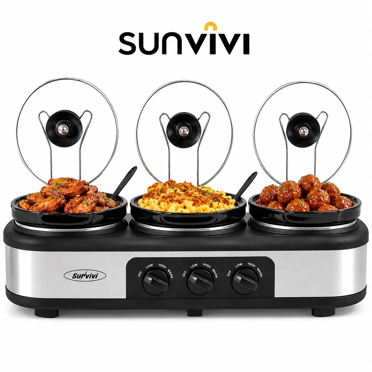Sunvivi Triple Slow Heating Cooker Buffet Server & Warmer - 3x1.5QT Removable Ceramic Round Pots (Total 4.5QT), 3 Metal Round Stainless Steel Lid Rests, 3 Adjustable Temp Settings, Overheat Safe, New Home Kitchen Essential Electric Hot Pot, Total 4.5 Qt