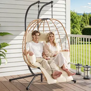 【CategorySelect】ONBRILL Double Egg Chair with Adjustable Footrest & Stand, Rattan Hammock Swing Loveseat with Cushions & Headrests, 650LBS Capacity Hanging Chairs for Outdoor & Indoor Patio, Deck, Bedroom, Stylish Furniture