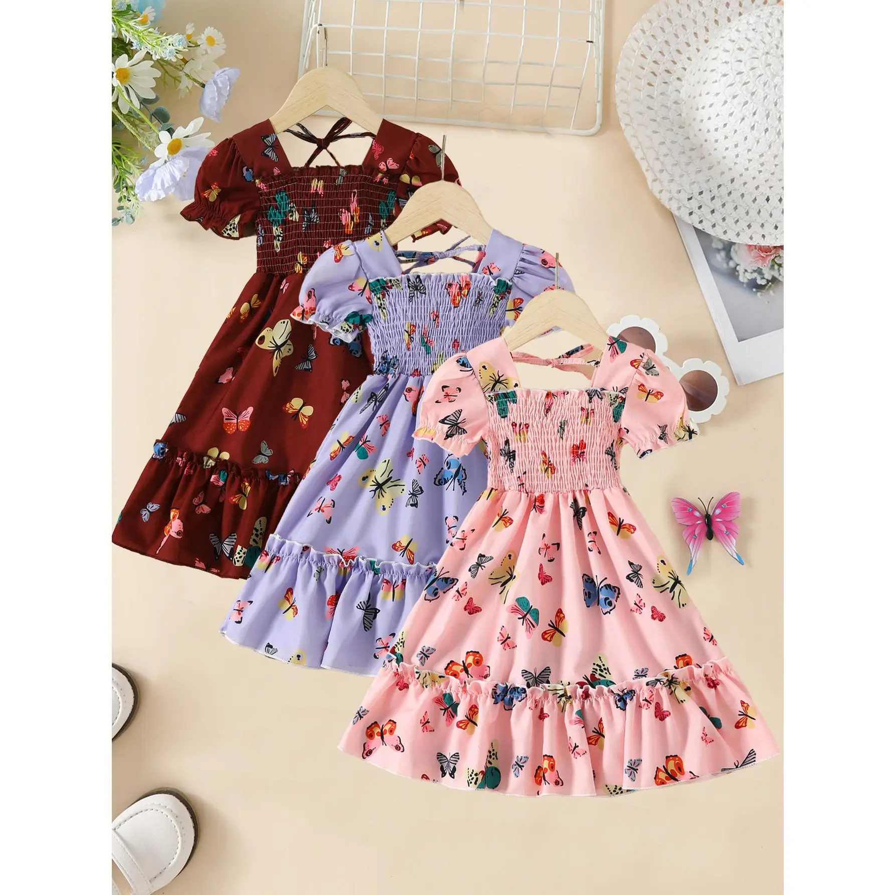 Girls' 3-Piece Casual Butterfly Print A-Line Mid-Length Dresses Set - Shirred Front, Ruffled Boat Neck, 3-12 Years, Polyester, Regular Fit, Spring Summer Outfits, 3pcs mixed color 1, Children-Sized, Conventional, Hand Wash Only