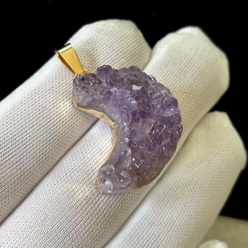 Natural Amethyst Cluster Moon Shape Pendant, Free Necklace