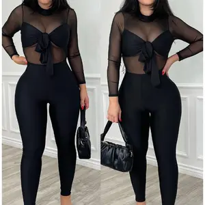 SHAPESHE Women's Jumpsuit with Long Sleeve Black Bow Mesh See-through Bodysuit for Outing