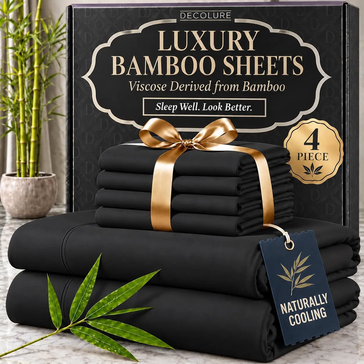 Jollyvogue Bamboo Cooling Bed Sheets - 14 Inch Deep Pocket Hotel-Grade Bedding Set for Room Decor, Ultra-Soft & Breathable Hot Sleepers, Wrinkle-Resistant Moisture-Wicking Fabric, Double-Stitched Machine Washable
