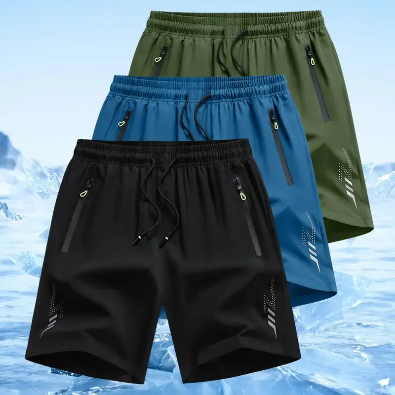 Men’s/Unisex Fashion Athletic Shorts (3-Pack) — Reflective geometric print, drawstring waist, side zipper closure; suitable for summer outfits, everyday workouts, and running; reflective print design—a summer essential.