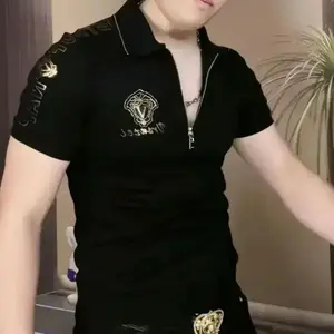 Men's Men's Short-sleeved T-shirt Lapel Casual Clothes Men's Printed Semi-zipper Top