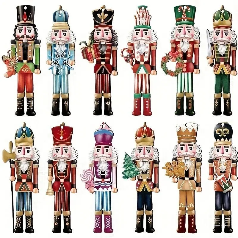 12pcs Christmas Tree Wood Decorations, 8cm & 13cm Wooden Nutcracker Ornaments, Decorative Hanging Ornaments, Holiday Hanging Accessories, Perfect Gift for Family & Friends