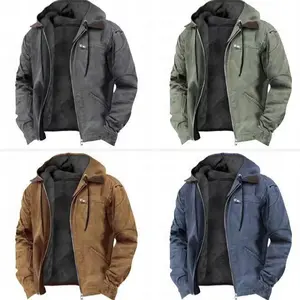 Casual men's pure-color hooded fleece jacket with zipper pockets and coat style Menswear Tops