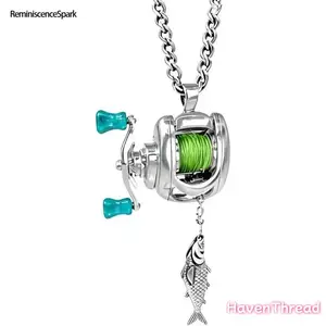 2-Pack Mini Rotating Fishing Reel Pendant Necklace with Real Moving Line Guide | Functional Novelty Fishing Themed Jewelry | Trendy Cool Accessory Ideal for Fishermen Anglers and Outdoor Fishing Enthusiasts