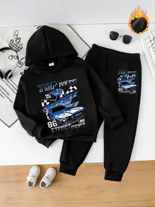 Boys' Fashionable Fall & Winter Hooded Sweatshirt Set, Casual Thicker Long Pants, Comfortable Printed Fleece Pullover, Perfect Gift