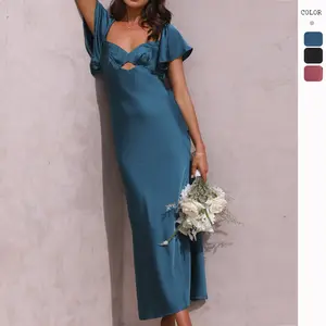 Summer Satin Flutter Sleeve Wedding Guest Dresses for Women Sweetheart Neckline Cutout Tie Back Midi Cocktail Dress