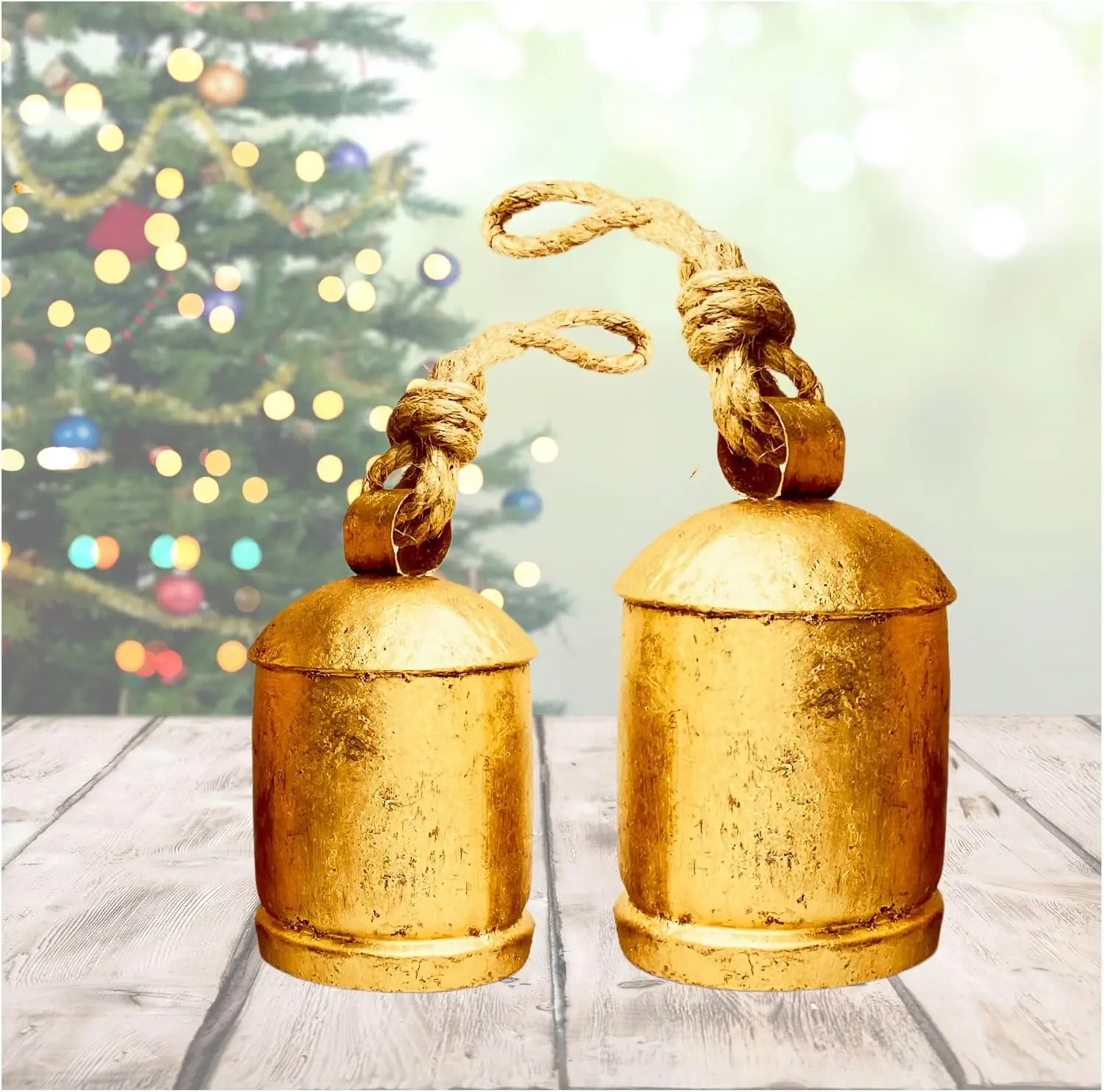 Rustic Decorative Bells Set of 2 - Giant Harmony Cow Bells Huge | Handmade Vintage Christmas Bells Golden Cowbell Country Style Jute Rope Hanging Bell Wall Decor (2X Harmony Bells)