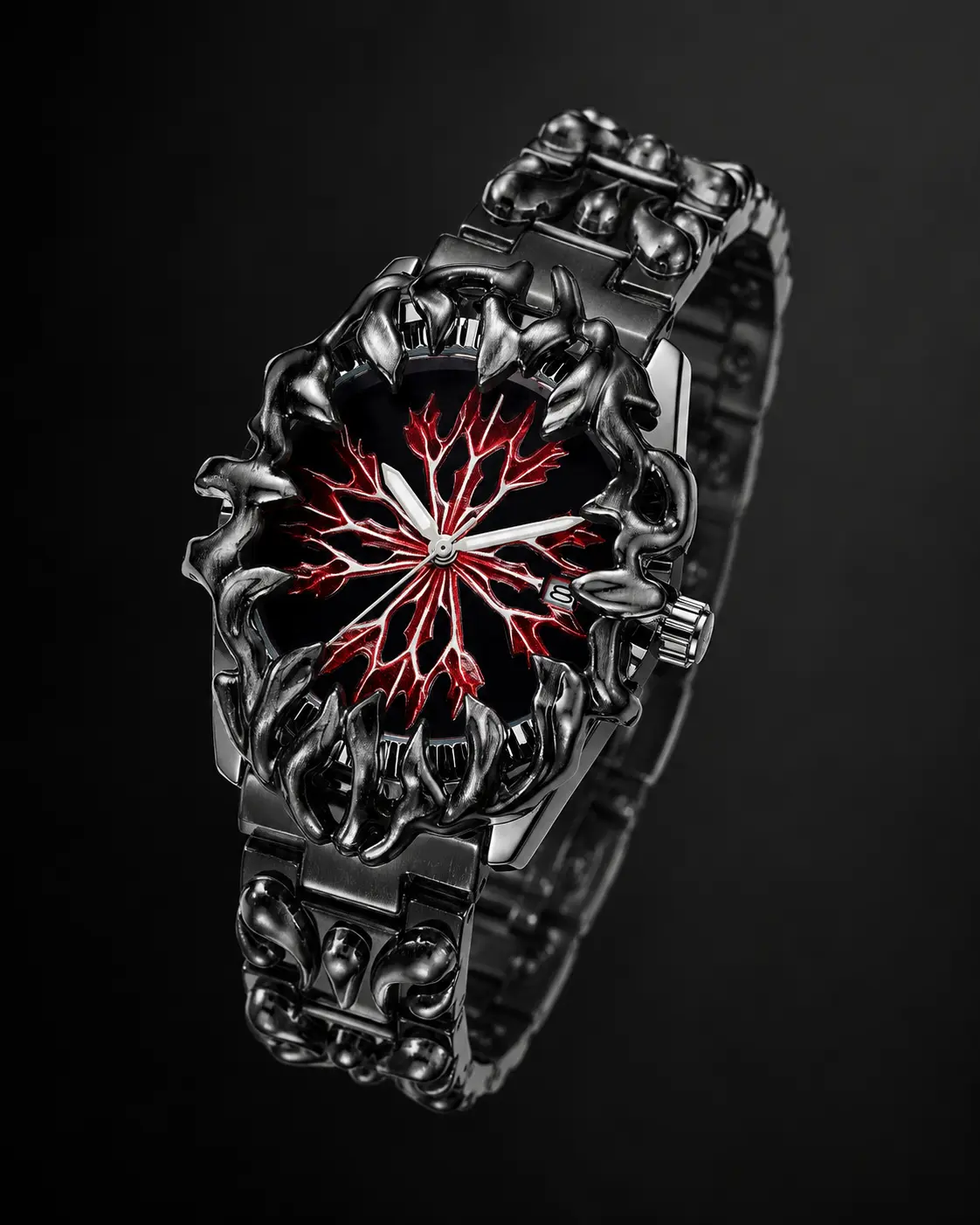 Men's Gothic Watch - A Bold Gothic Statement Piece with Dark Flame Design, Sculpted Flame Bezel, Red Leaf Dial, and Black Gunmetal Stainless Steel Bracelet, Bold Look, Punk Style Watch, Quartz Analog Wristwatch, Round, Buckle, Classic Quartz Watch