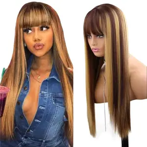 Women's Honey Blonde Highlight Synthetic Straight Wig with Bangs, 20 in, 180% Density, Heat Resistant Honey Blonde Wigs